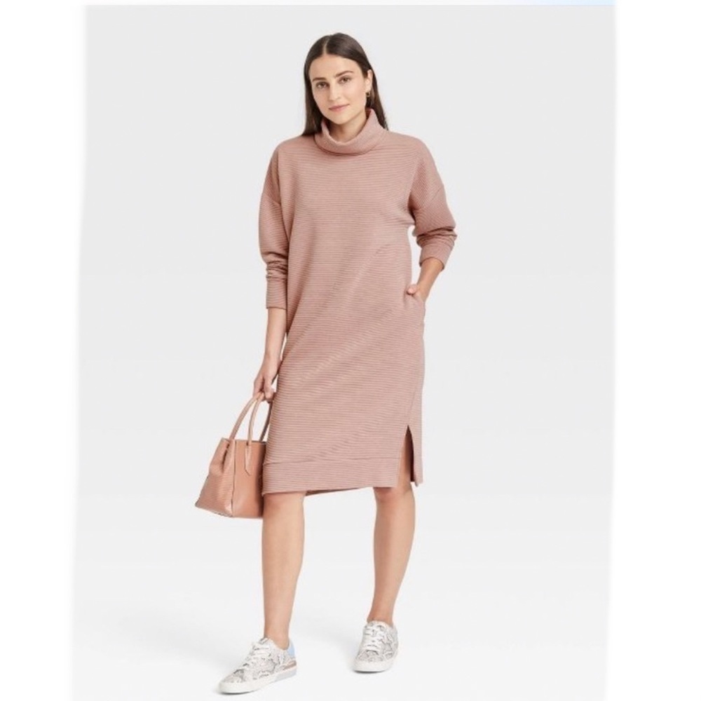 A New Day Women’s Ribbed Long Sleeve Turtleneck Sweater Dress Blush Size XS